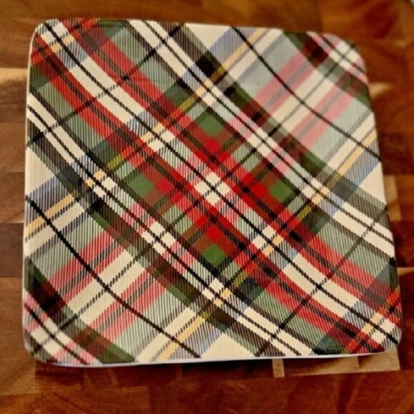 NEW S4 Pottery Barn Denver Plaid Appetizer Plates Christmas Ceramic Snack Plate - Picture 1 of 5